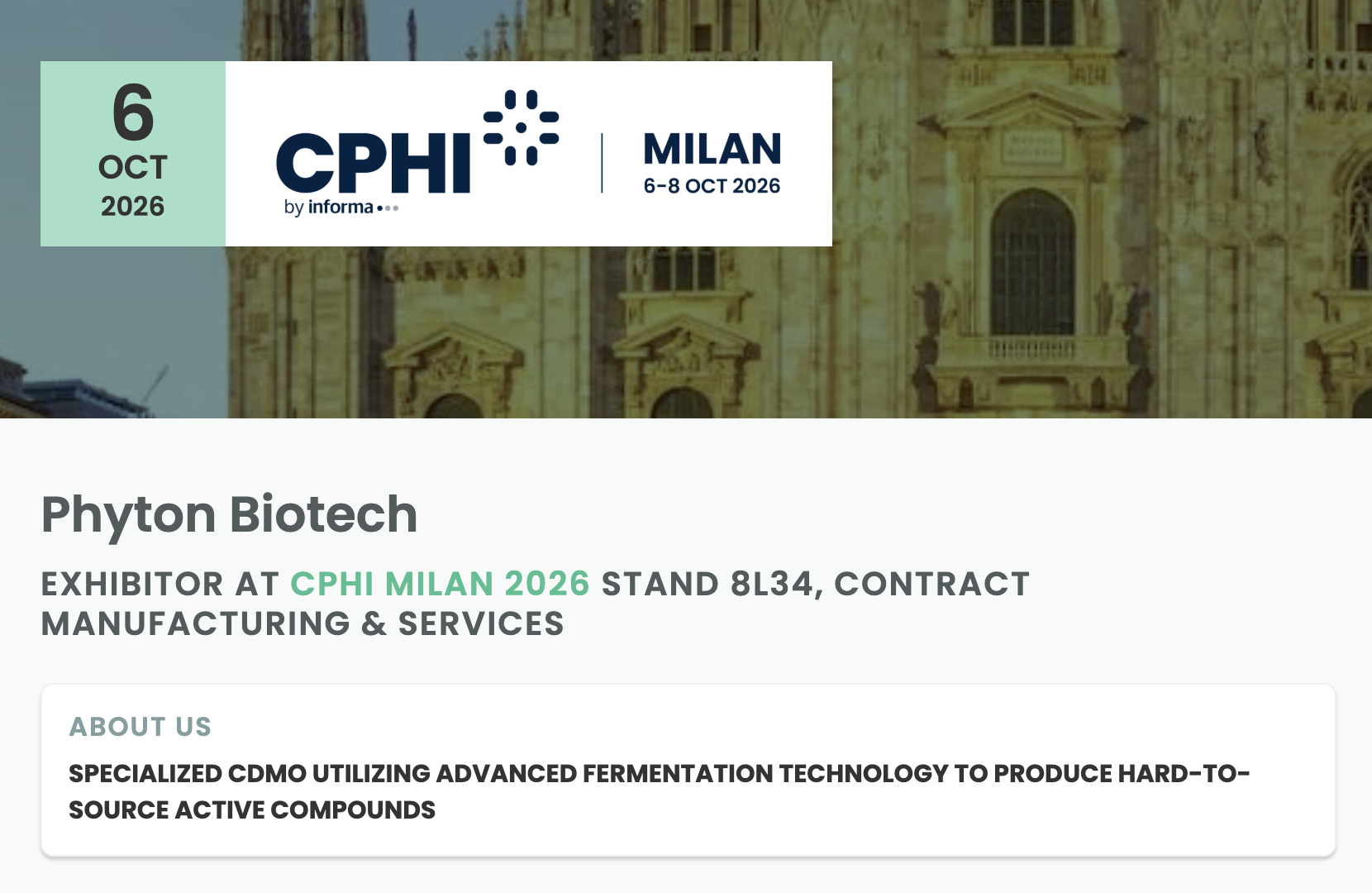 Phyton Biotech Exhibitor at CPHI Milan 2026 stand 8L34, Contract Manufacturing & Services